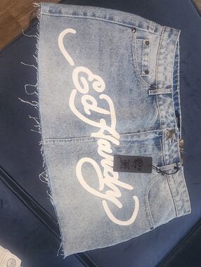 Ed Hardy Light Blue Denim Mini Skirt with White Script